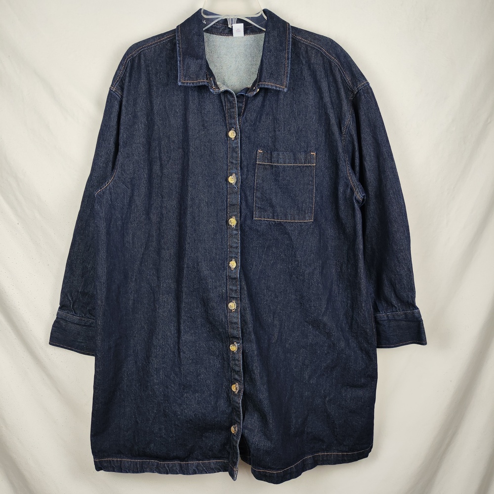 Old Navy Shirt Womens XL Dark Wash Blue Denim Button Up Tunic Long Sleeve Casual